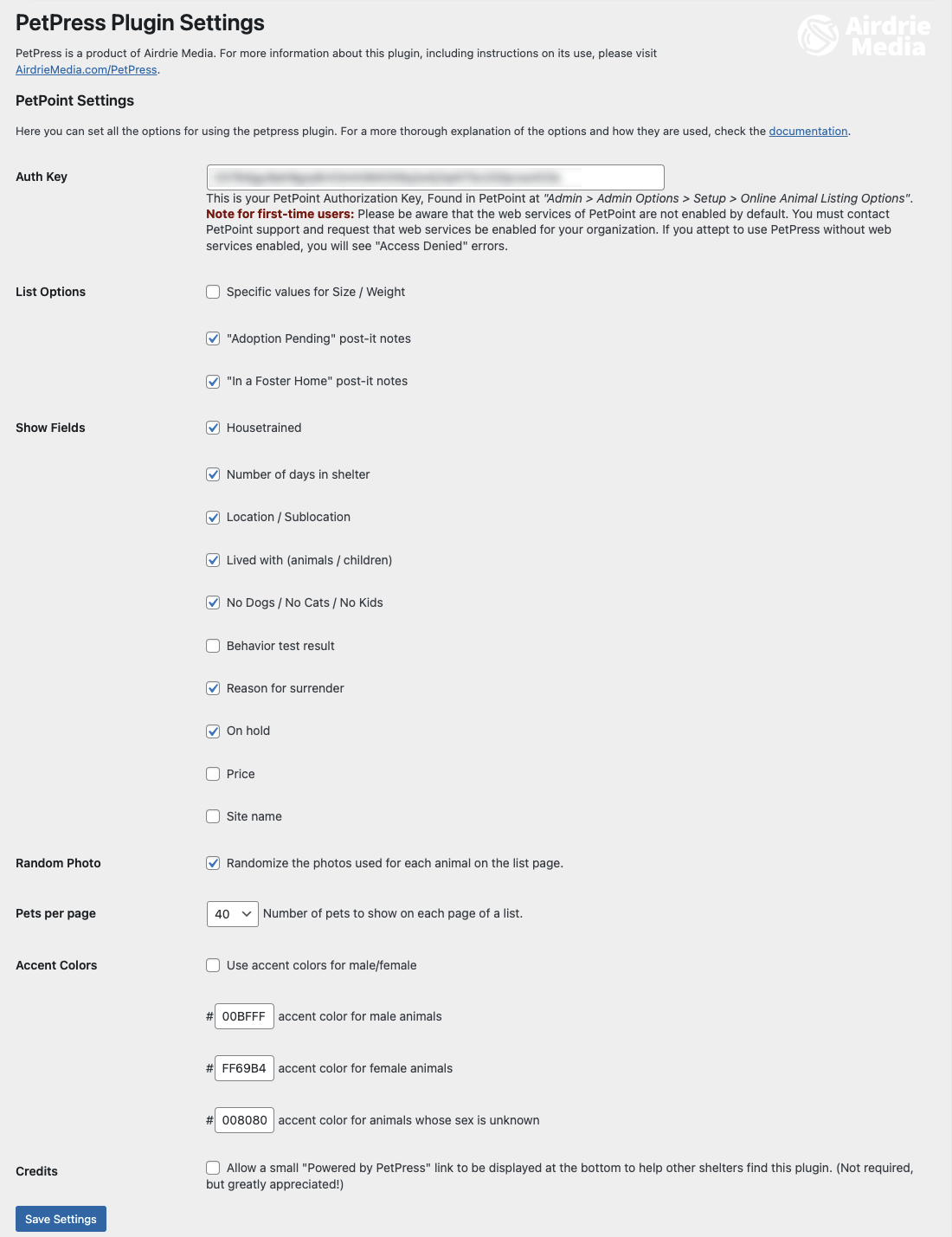 PetPress configuration page