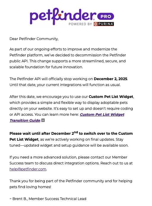 Petfinder email regarding api